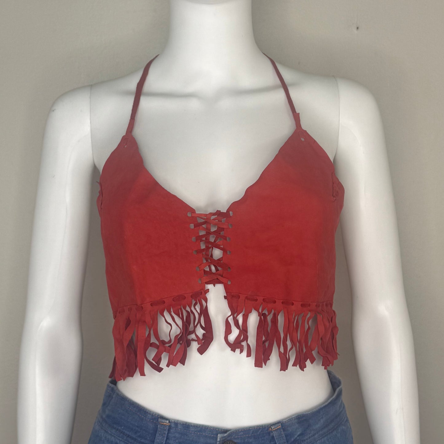 1970s Red Leather Halter Top with Fringe, Cropped, Lace Up Corset Bust, Open Back, Size XS/S