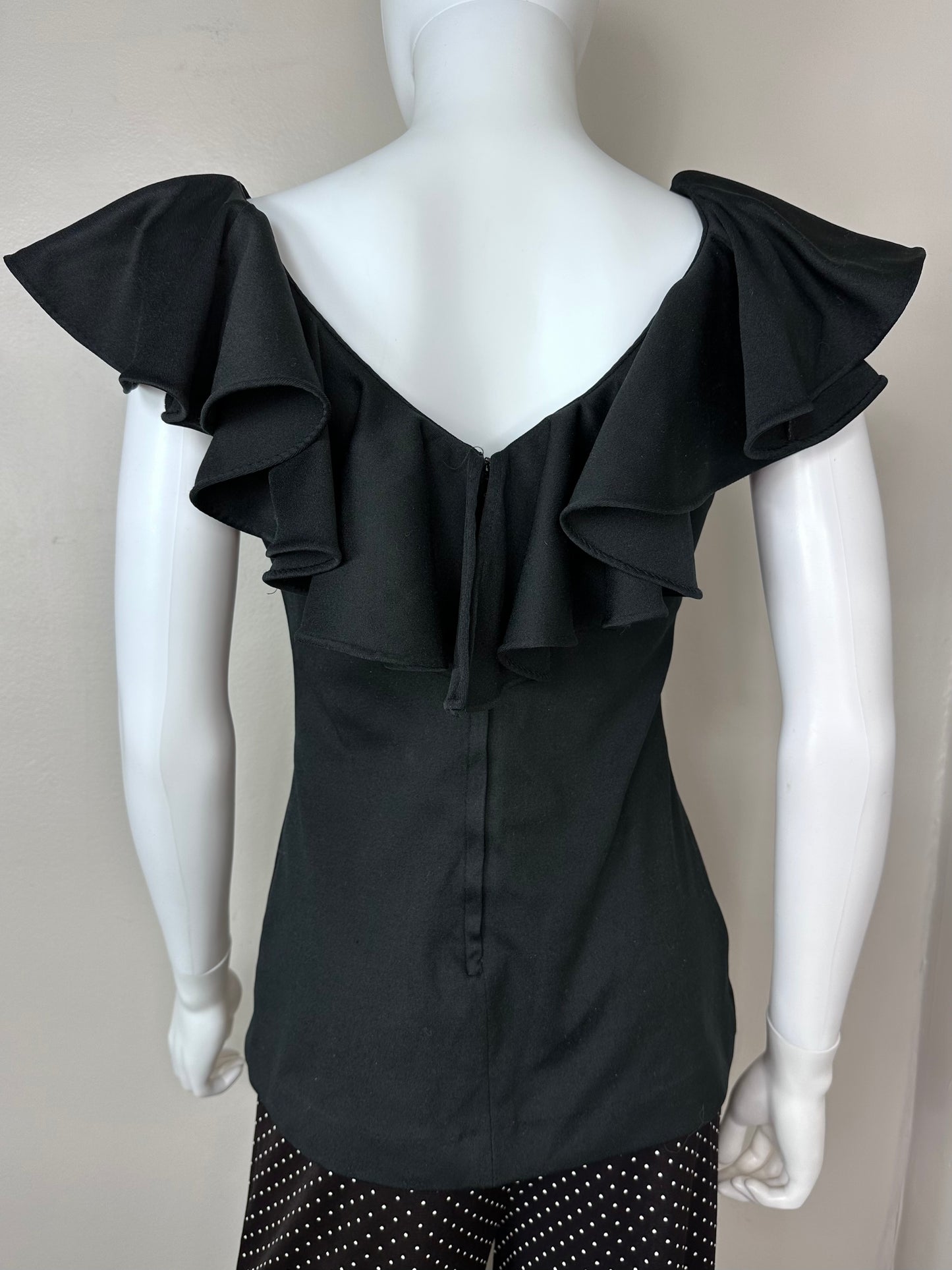 1970s Black Ruffle Neck Sleeveless Top, Size Medium