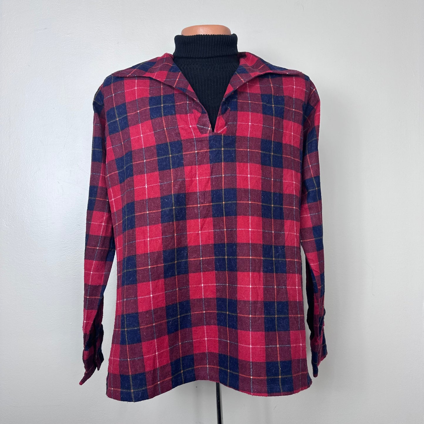 1970s Red Plaid Flannel Collared Shirt with Built in Black Rib Knit Turtleneck, Sears Sportswear