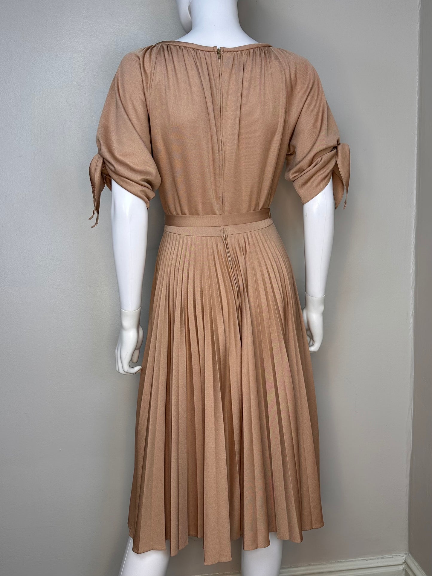 1970s Mocha Brown Polyester Midi Dress with Pleated Skirt, Size XS/Small