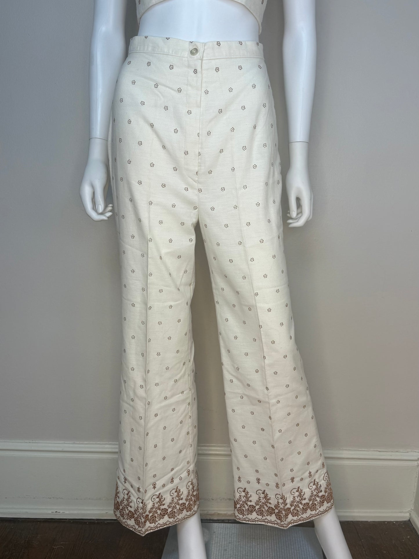 1970s 3 Piece Pant Suit, Cream and Brown Flocked Floral Border Print, Halter Top, Slacks, Asian Inspired Shirt Jacket, JC Penney Fashions Size XS/Small