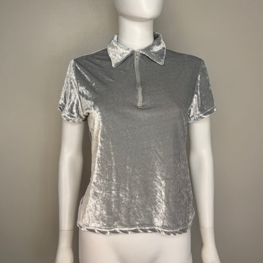 1990s/Y2K Silver Velour Top, Self Esteem Size Medium, Zip Velvet Polo Shirt
