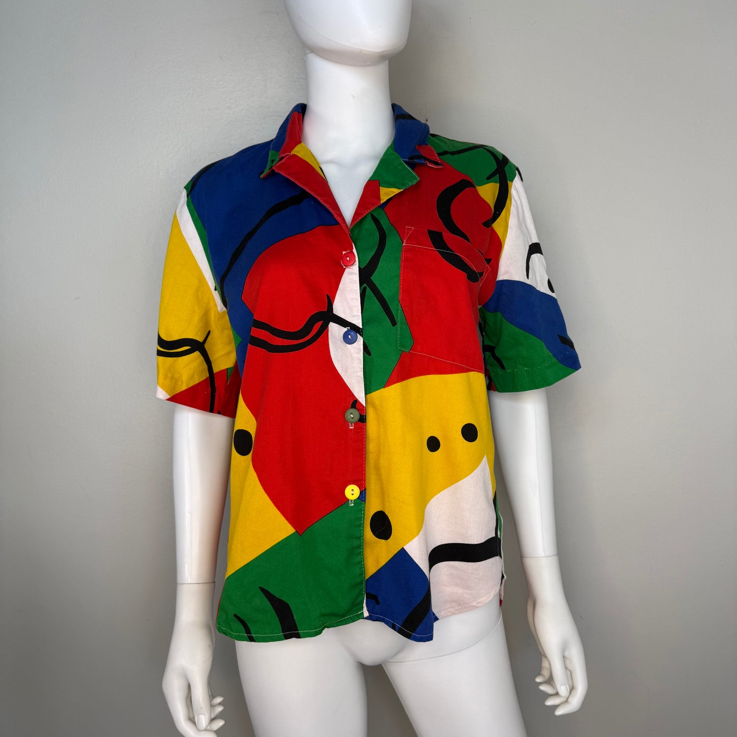 1980s Abstract Geometric Blouse, Saint Germain Paris Size Medium, Memphis Art Style
