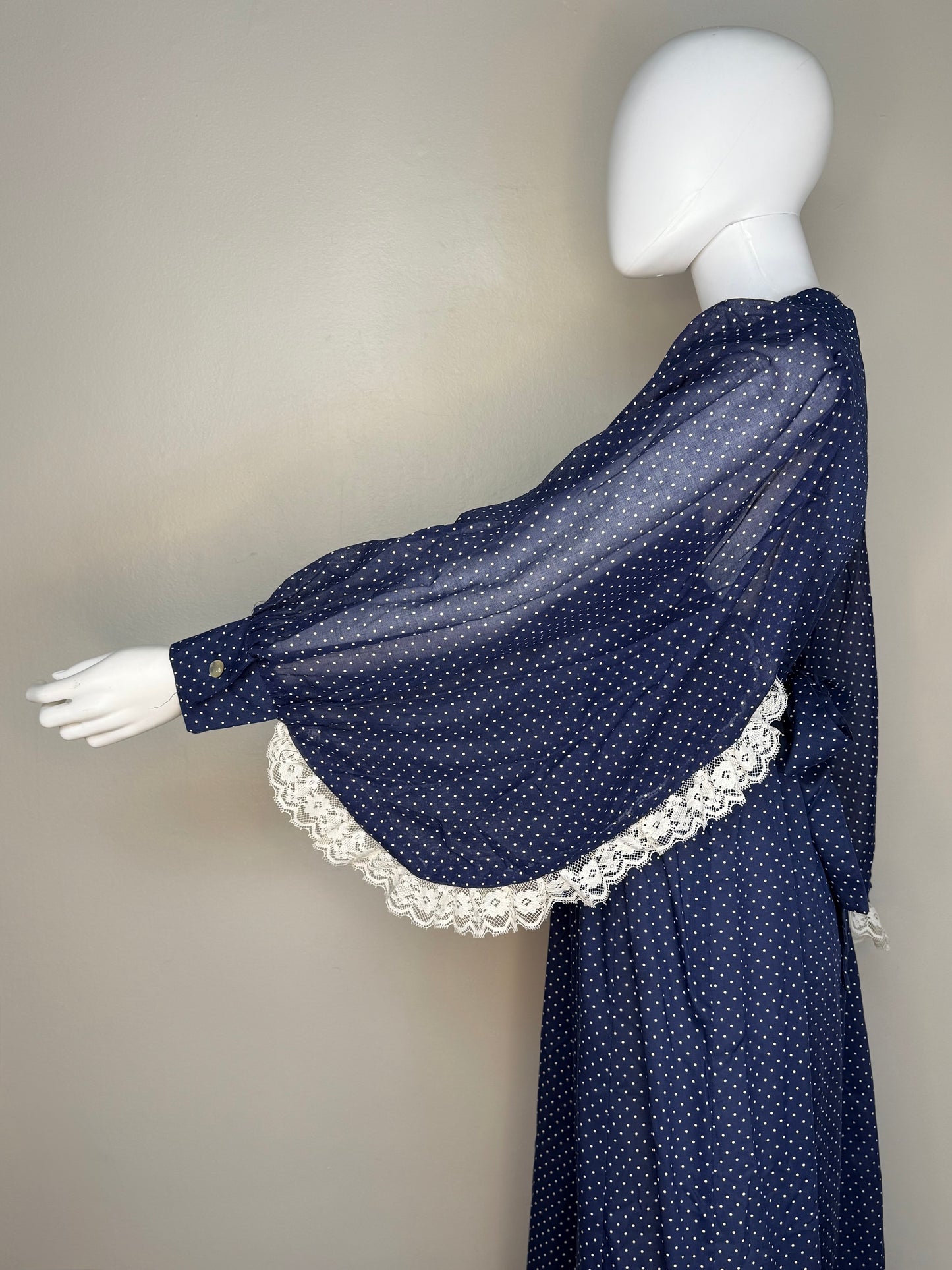 1970s Navy Blue Polka Dot Maxi Dress, Size Small-Medium, Huge Bishop Sleeves with Lace Trim