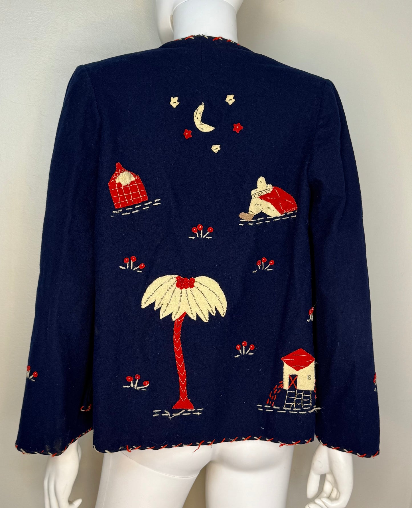 1940s Navy Blue Embroidered Mexican Tourist Jacket, Size Small