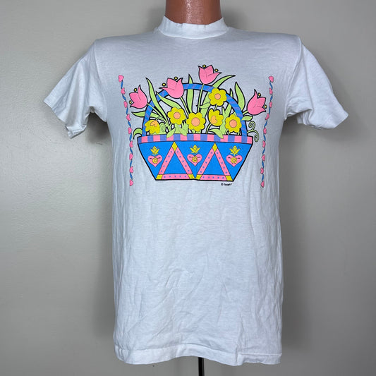 1980s/1990s Neon Basket of Flowers T-Shirt, Center Cut Size Small