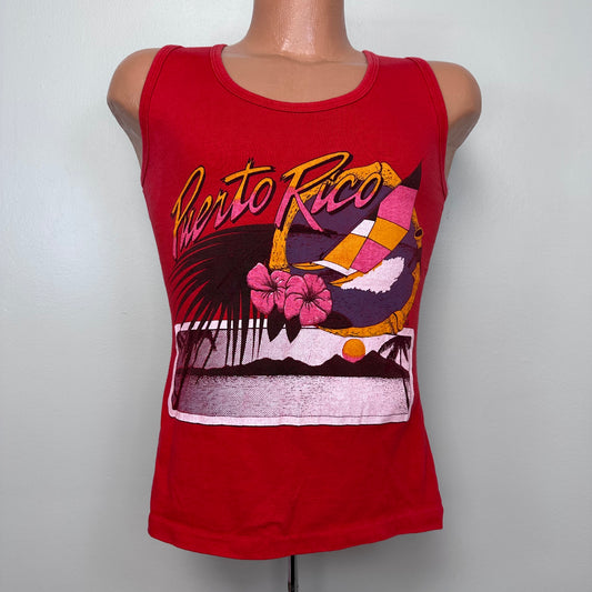 1980s Puerto Rico Tank Top, Size Small, Tropical Beach Sunset, Windsurfing