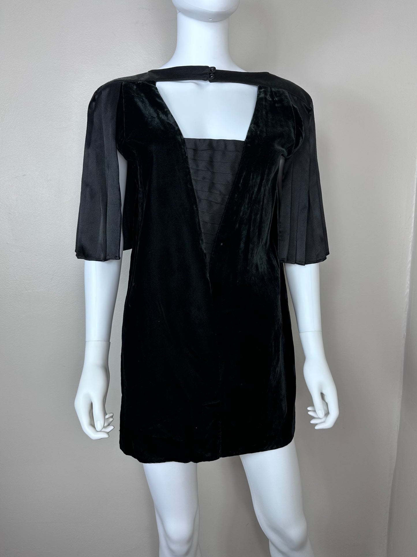 1980s? Black Velvet Micro Mini Dress with Back Cut Out, Size Medium