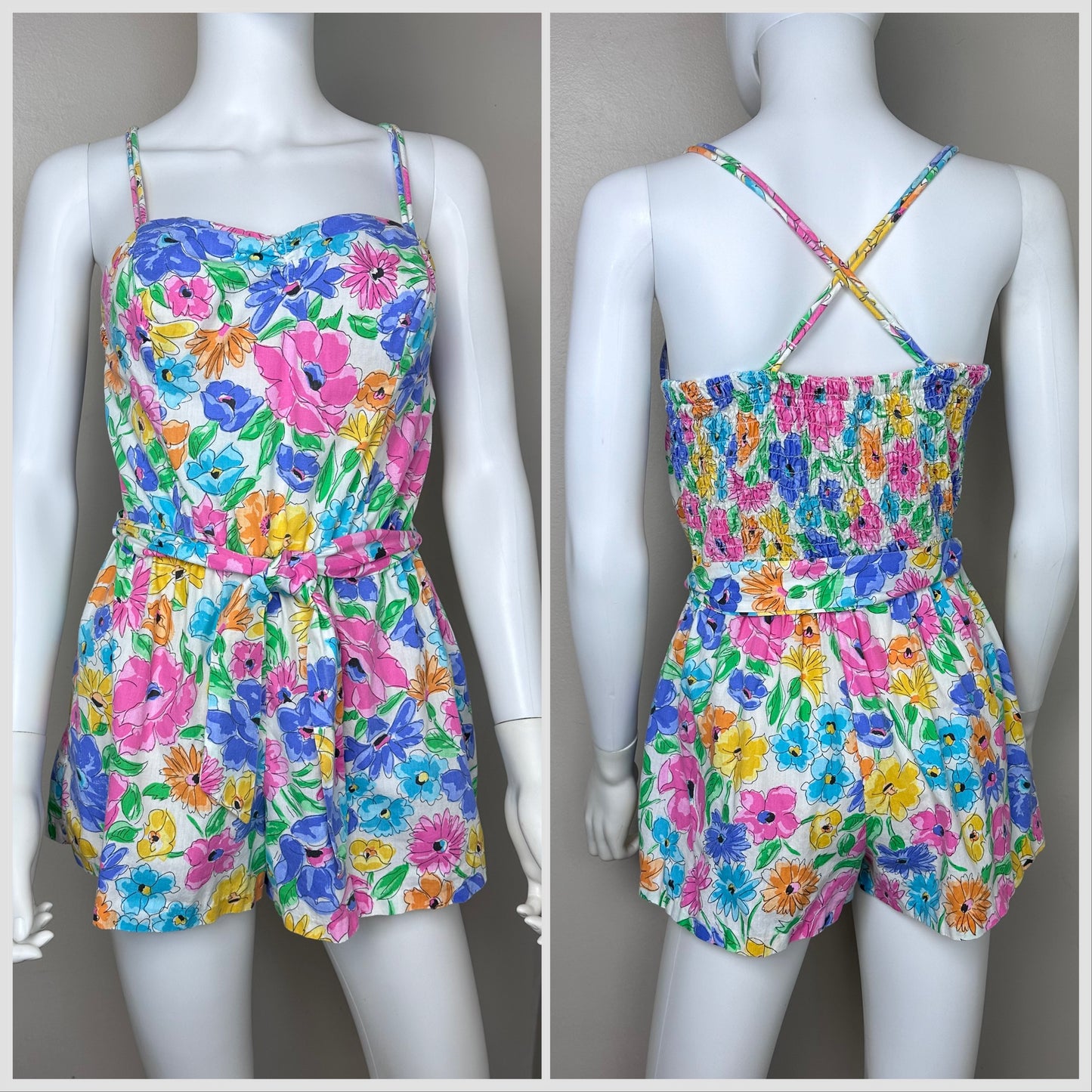 1980s Floral Romper, Gabar Size Medium, One Piece Swimsuit, Playsuit