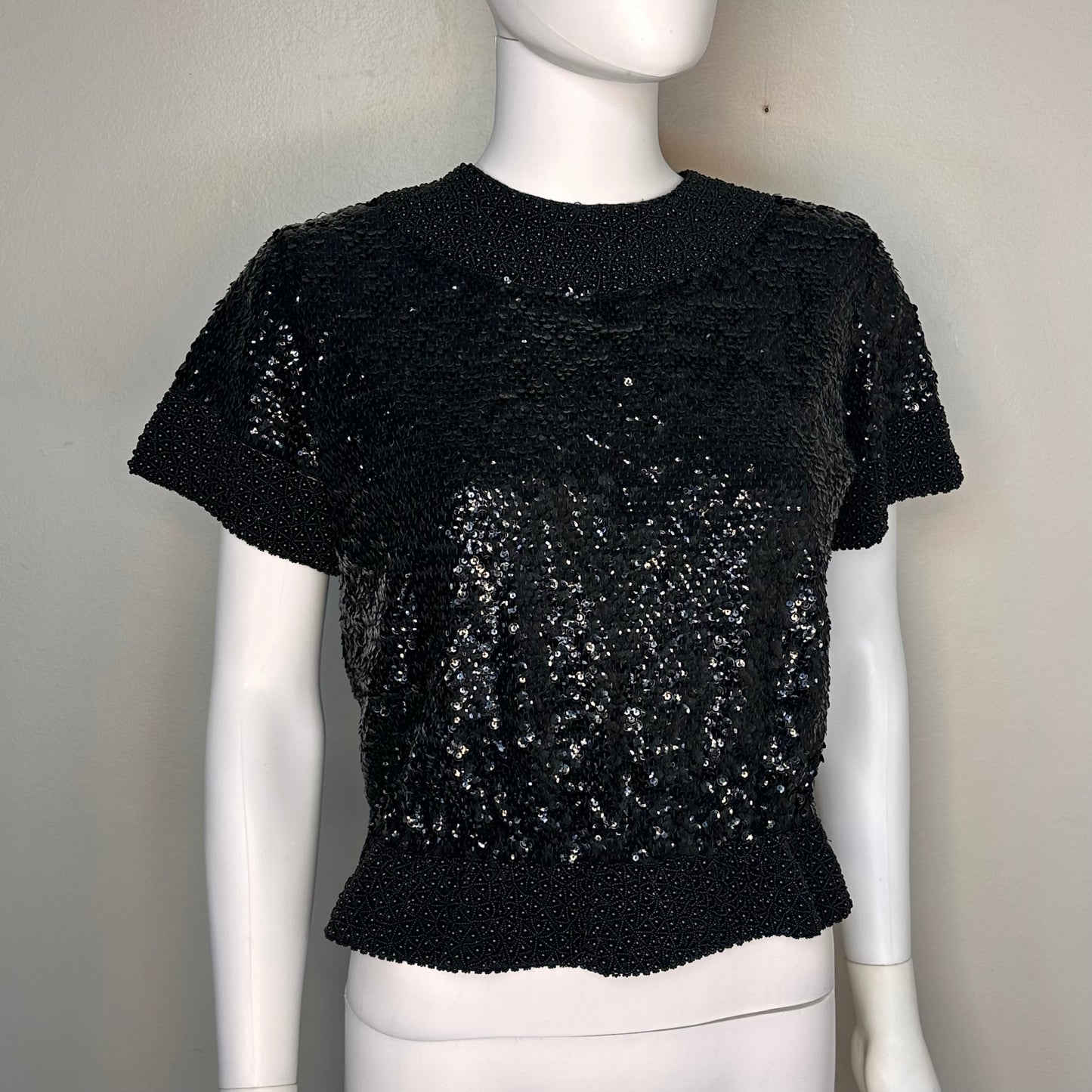 1960s Black Sequin and Beaded Glamorous Top, Short Sleeve, Size S/M