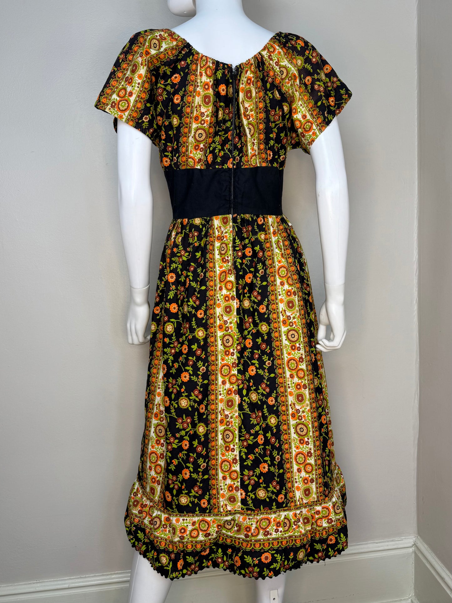 1960s Black and Orange Floral Peasant Dress with Corset Waist, Carol Brent Size Small-Medium, Montgomery Ward