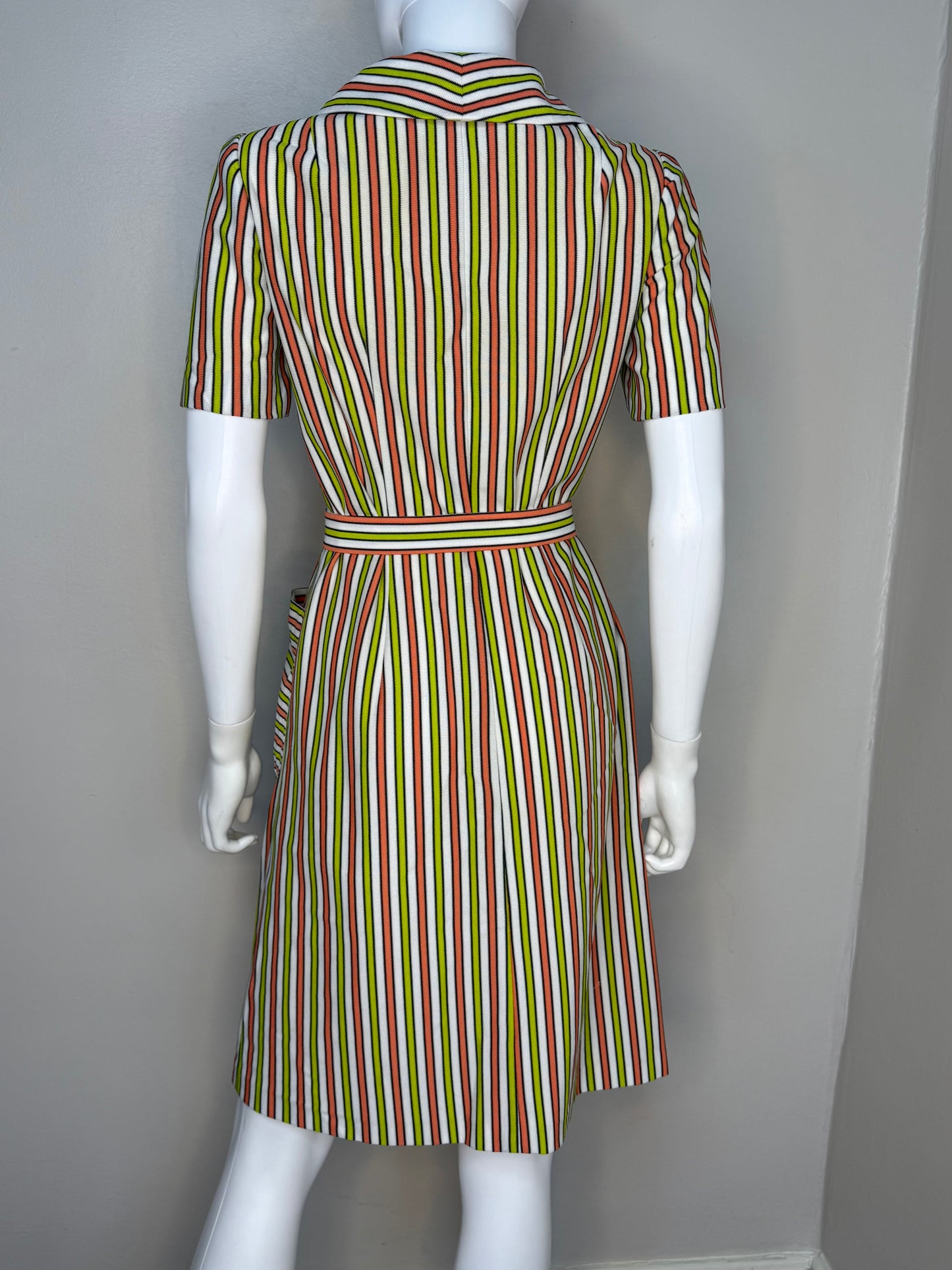 1970s Striped Mod Dress with Large Collar, Handmade, Size S/M, Double Knit Polyester Zip Front