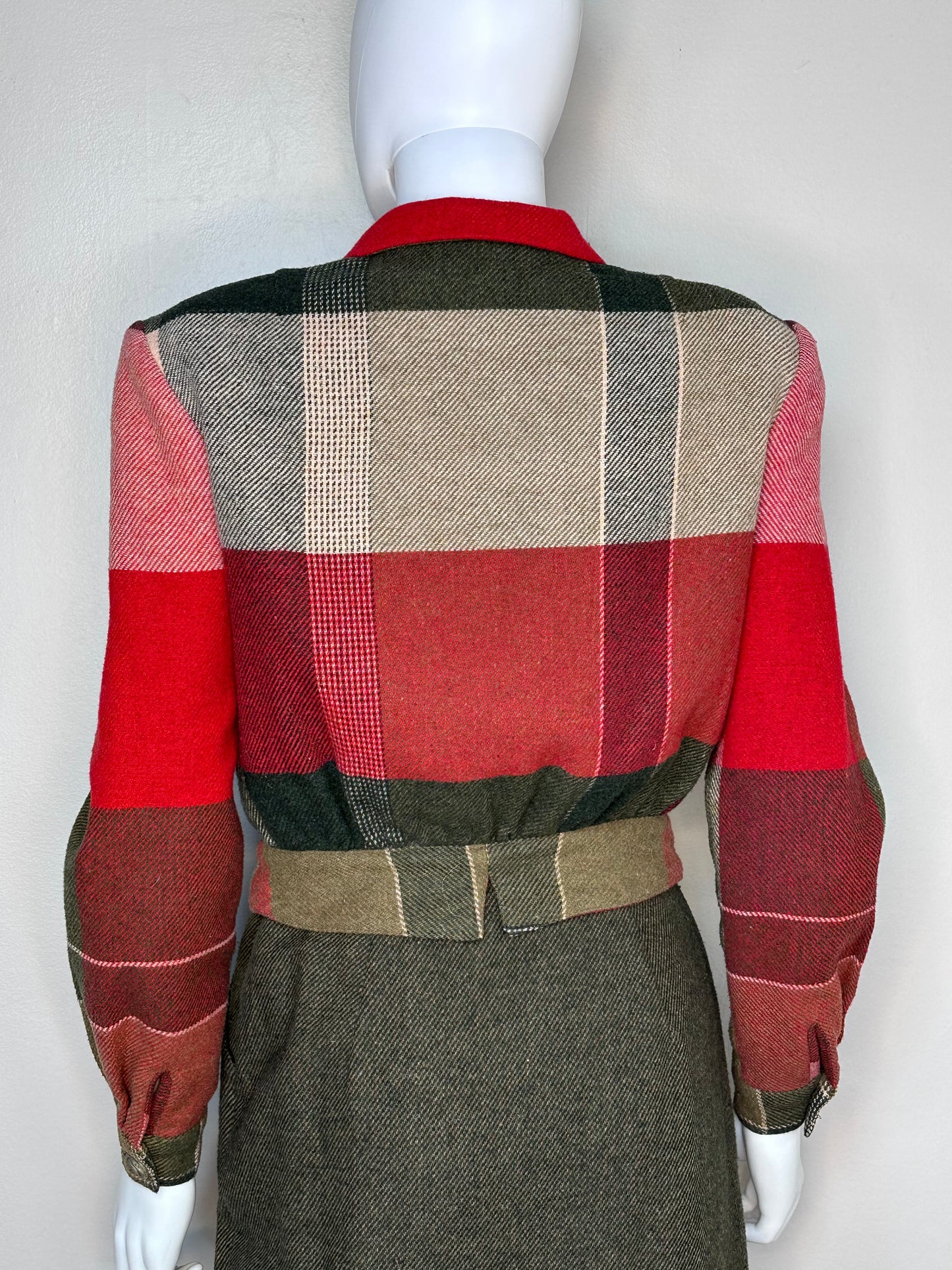 1970s Suit, Red and Olive Green Plaid Jacket and Wrap Skirt, The Strawberry Plant by Dorothy Schoelen Size XS