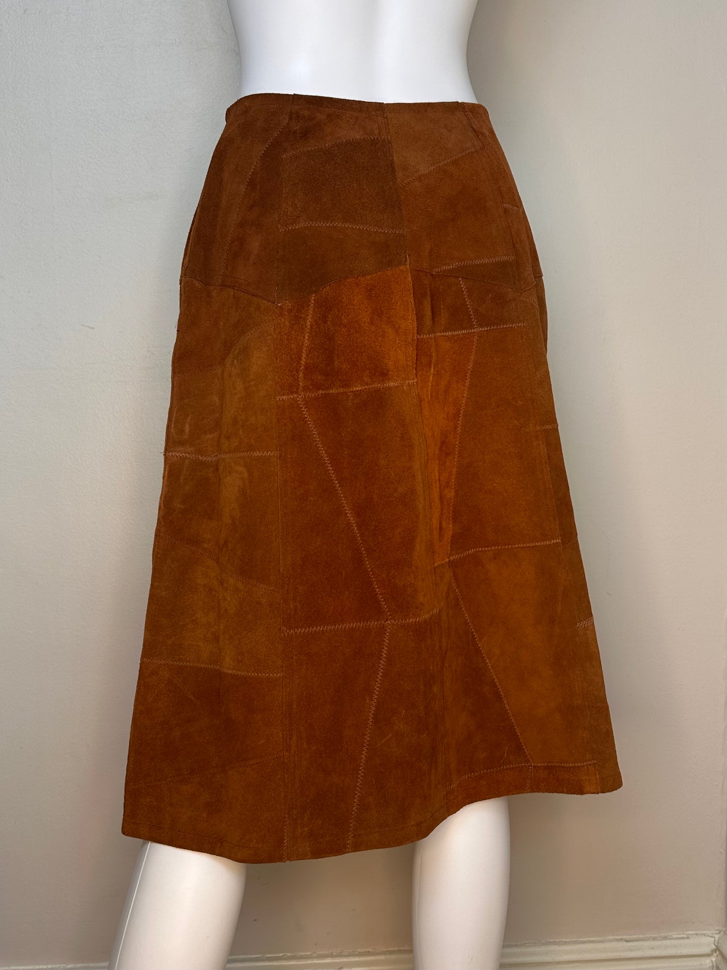 1970s Chestnut Brown Patchwork Leather Midi Skirt, Snap Front, Hide Away Mexico Size XS/S