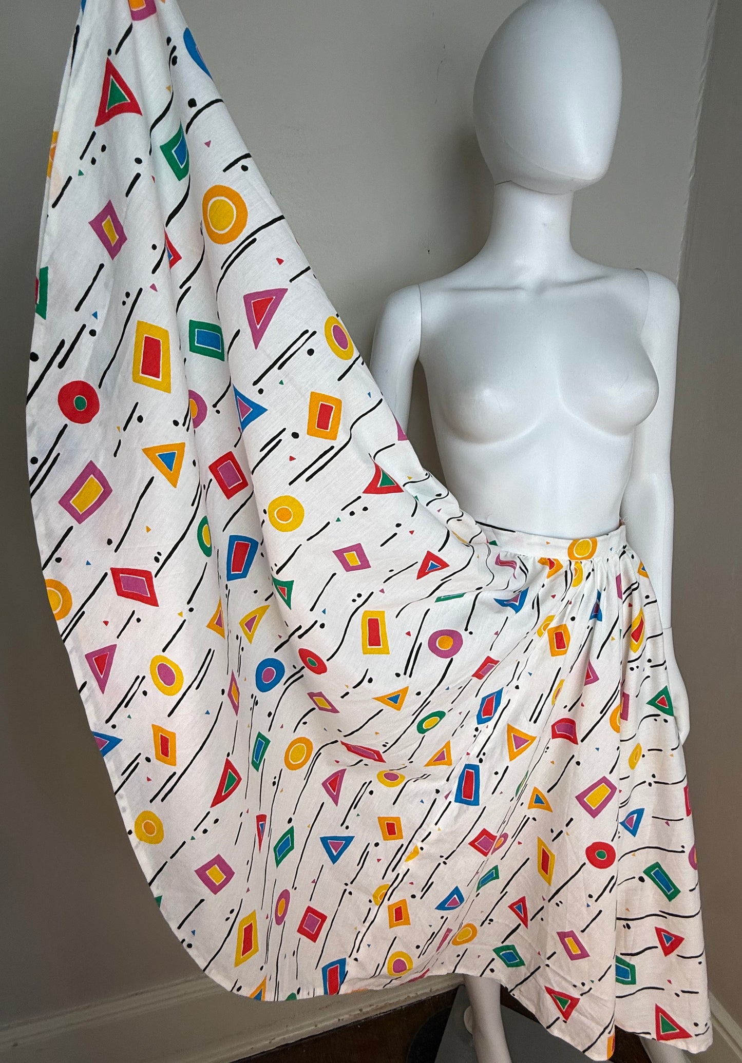 1980s Abstract Geometric Circle Skirt, Memphis Art Style, Handmade Size X-Small