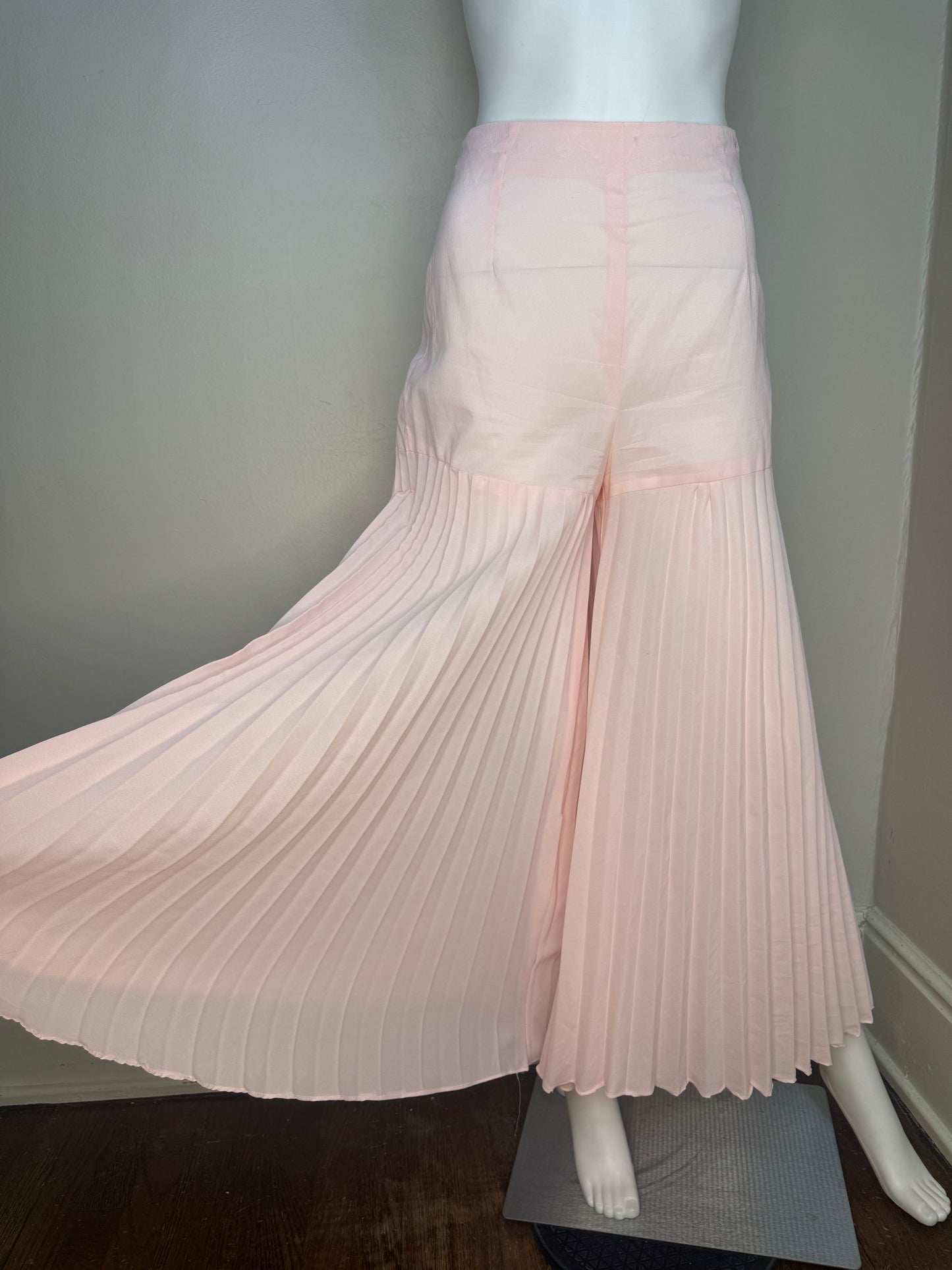 1960s Pastel Pink Pleated Mini Dress and Palazzo Pants Set, Bell Sleeves, Extra Wide Legs, Size XS-Small