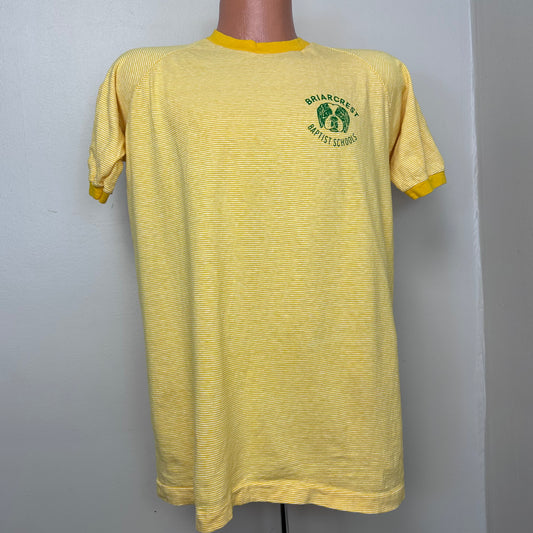 1970s Briarcrest Baptist Schools Yellow Stripe T-Shirt, Champion Blue Bar Size M/L