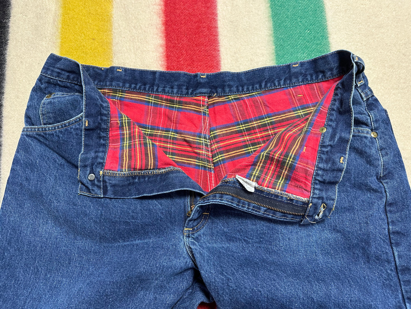 1990s LL Bean Flannel Lined Jeans, 41.5"x29.5", Red Plaid