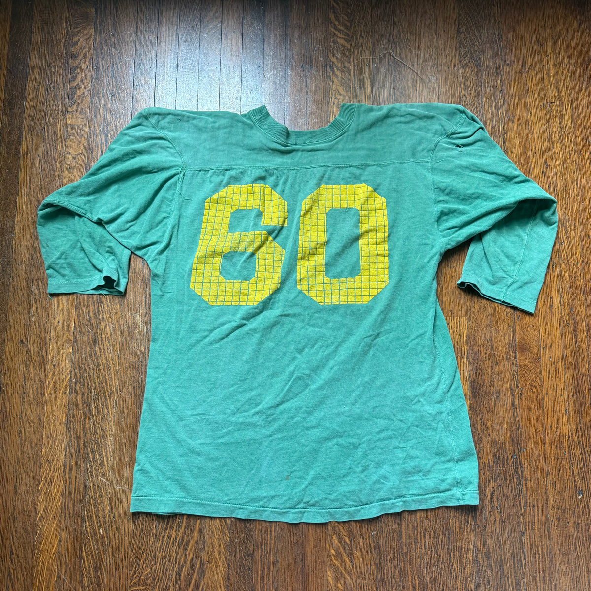 1950s Green Cotton Jersey T-Shirt, Large Yellow Grid Number 60, Champion Knitwear Size 42