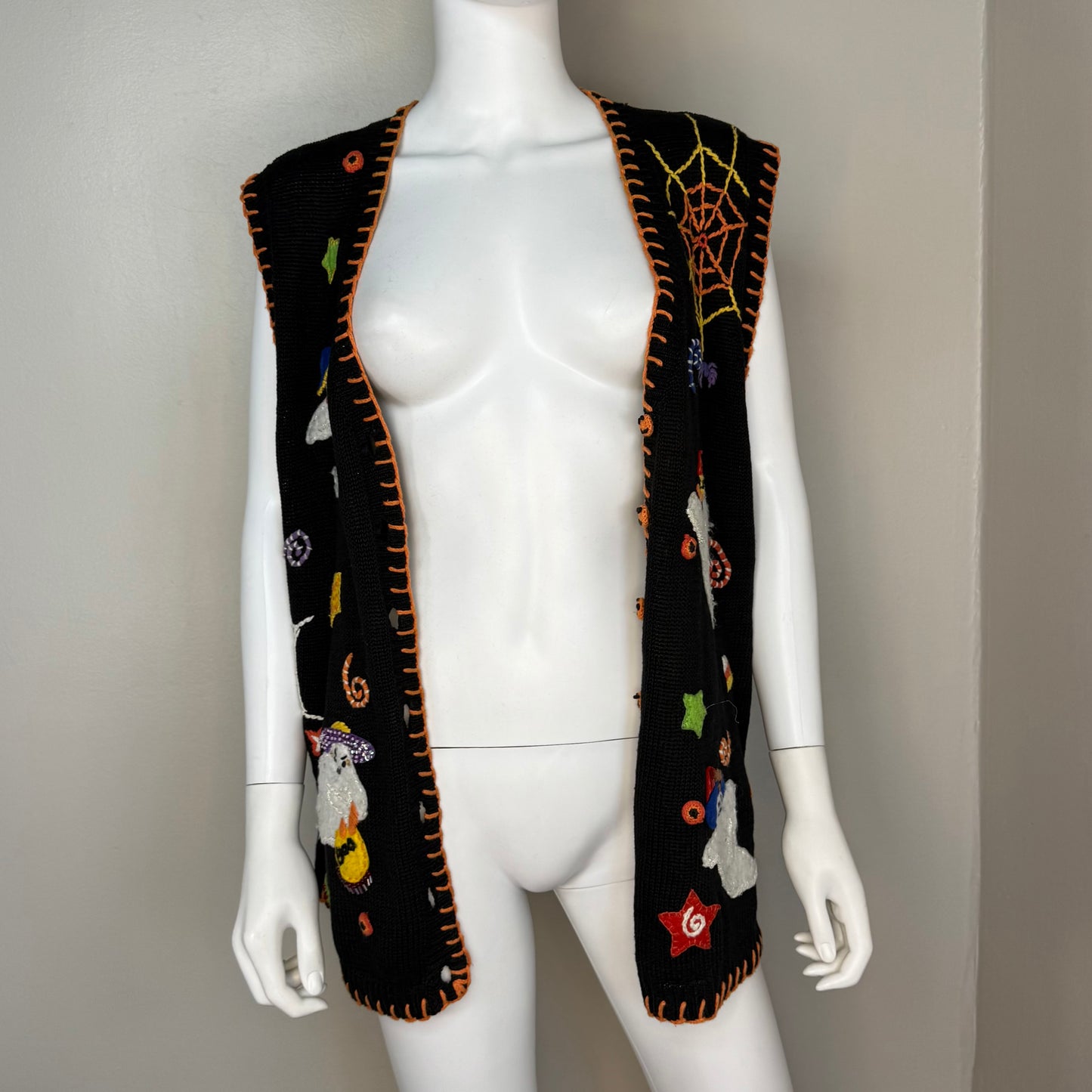 Y2K Halloween Sweater Vest Cardigan, Tiara International Size XL, 2002, Ghosts Applique, Spider Web Embroidery