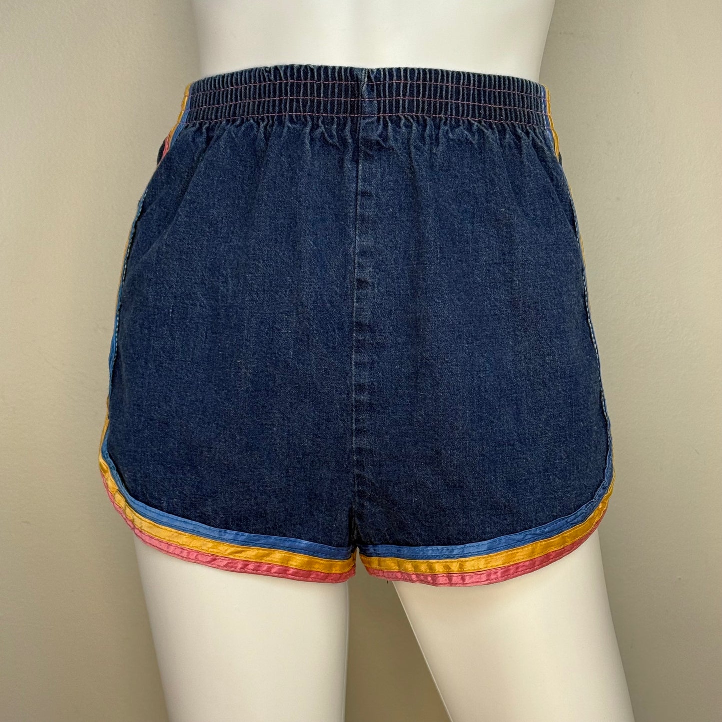 1970s High Waisted Denim Shorts with Rainbow Ribbon Trim, Happy Legs Size XS
