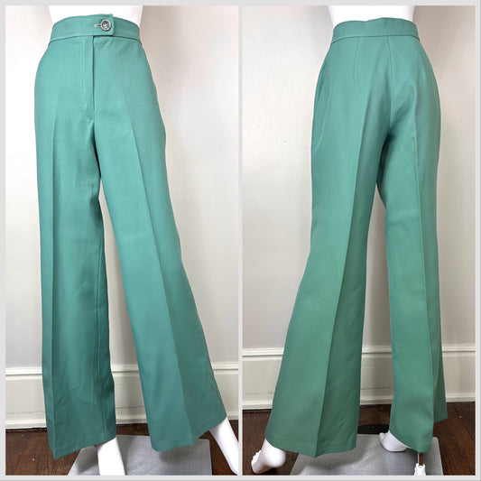 1970s Green Flare Leg Pants, 27"x32", High Waisted