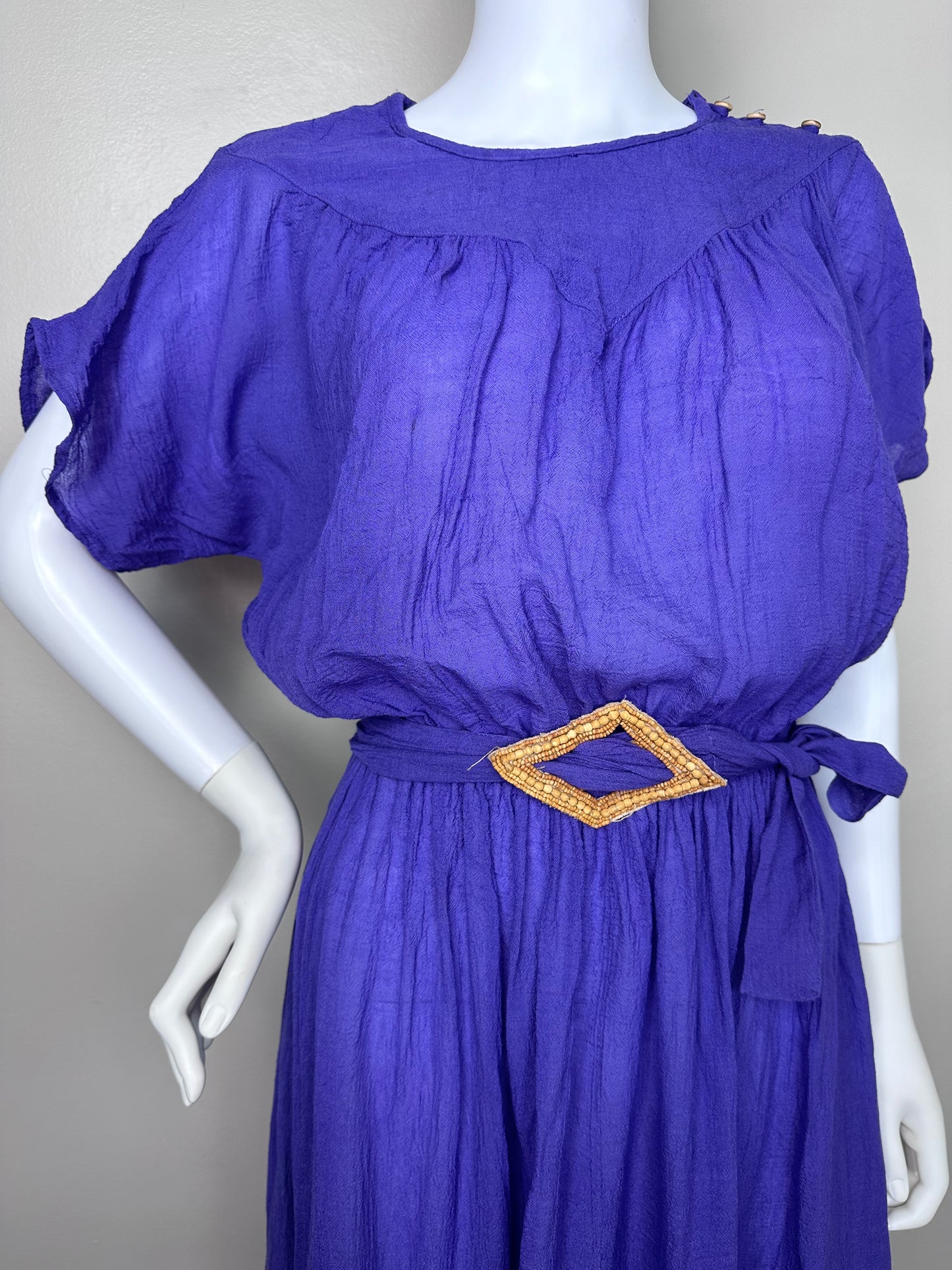 1970s Purple Gauze Midi Dress with Beaded Belt, Young Edwardian by Arpeja Size Small-Medium