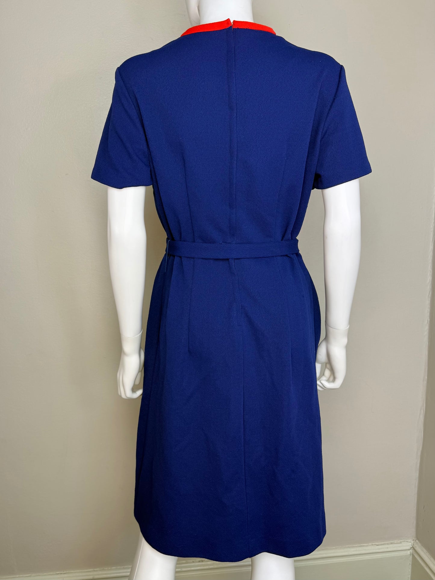 1970s Blue Dress with Red Flower Appliqué, Size Large, Polyester Double Knit