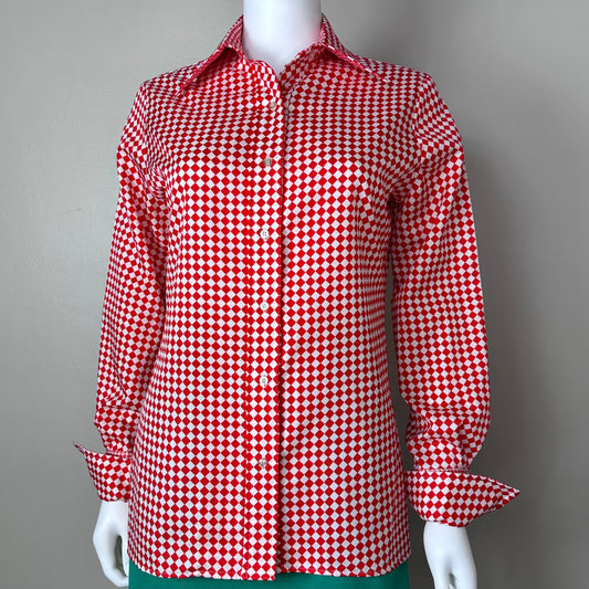 1970s Red and White Check Blouse with Turtle Cufflinks, Adelaar Man Tailored Shirt with French Cuffs size Medium