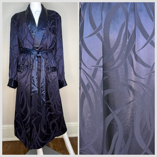 1930s/40s Men’s Navy Blue Satin Jacquard Lounging Robe, Smoking Jacket, Belt with Fringe Trim, Lowenstein’s Size Large