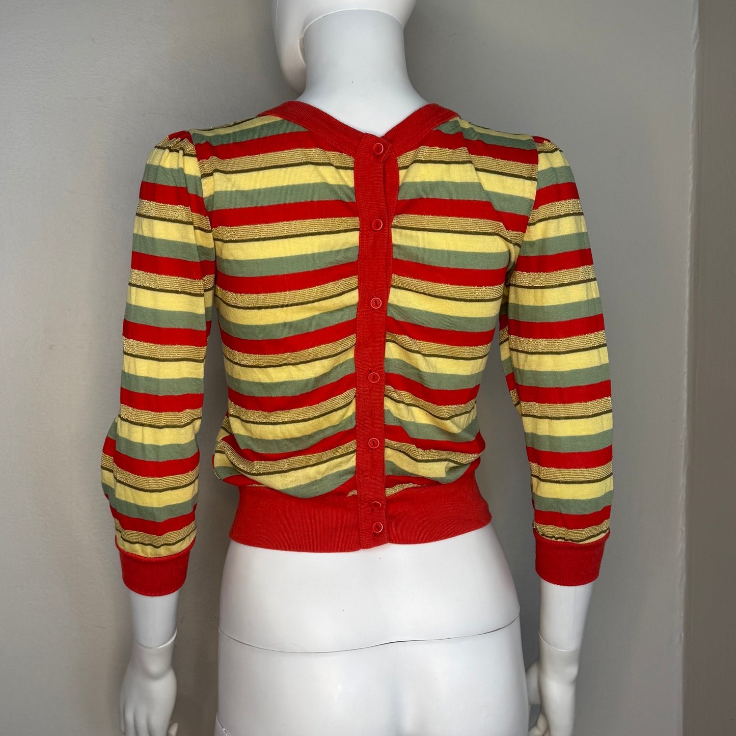 1980s Striped V Neck Knit Top, Back Button, Smart Alec California Size XS-Small