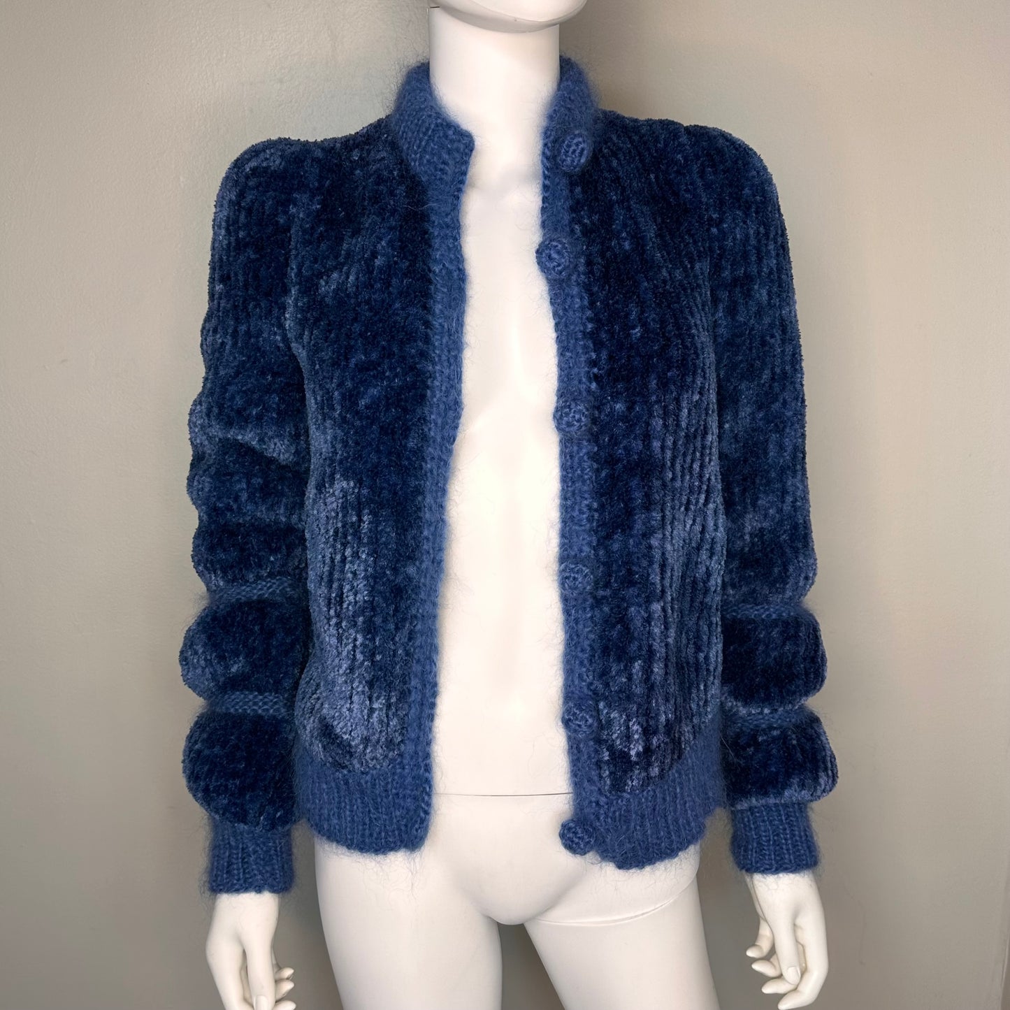 1970s Blue Chenille Hand Knitted Cardigan Sweater, Size Small, Cool Sleeves!