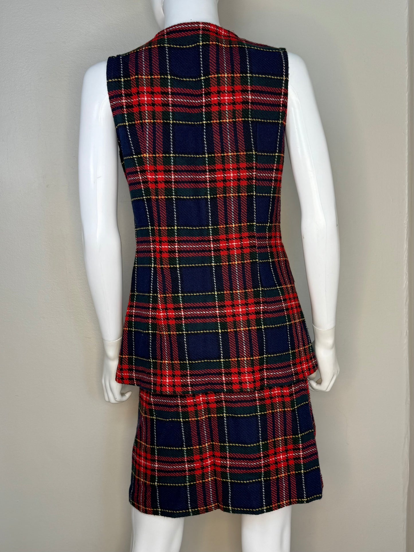 1960s Navy Blue and Red Plaid Vest and Skirt Set, Handmade Size Small