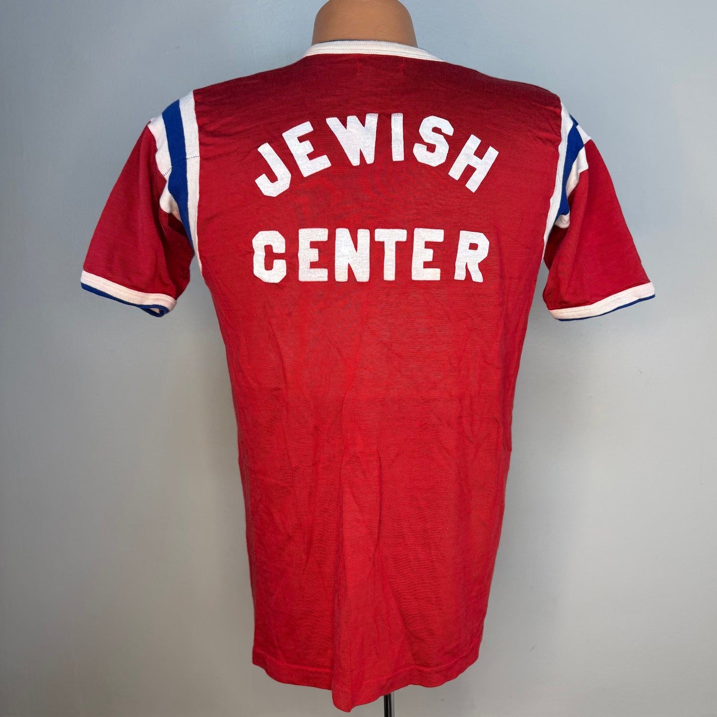 1960s Red Durene Jersey T-Shirt, Jewish Center, Rawlings Size Medium, Distressed