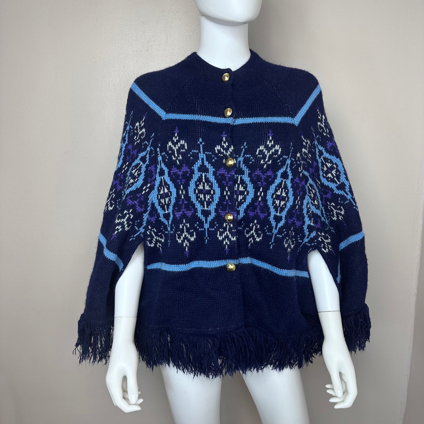 1970s Blue Intarsia Knitted Cape, Sturbridge, Poncho