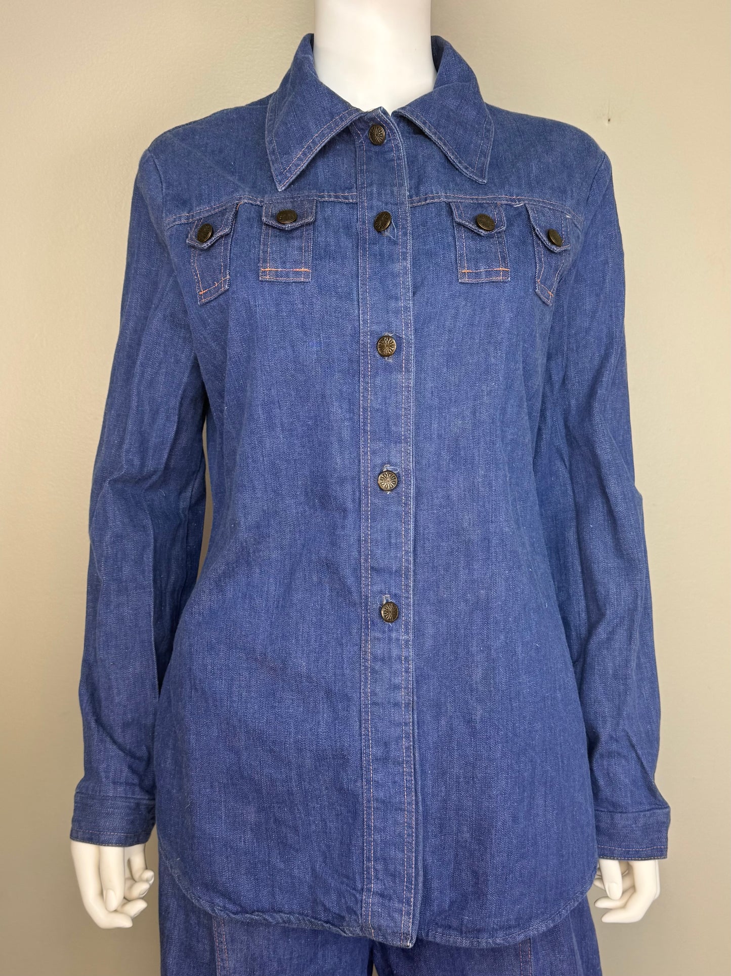 1970s Women’s Denim Suit, Shirt Jacket and Bell Bottom Blue Jeans Set, Sears Jr Bazaar Size Medium