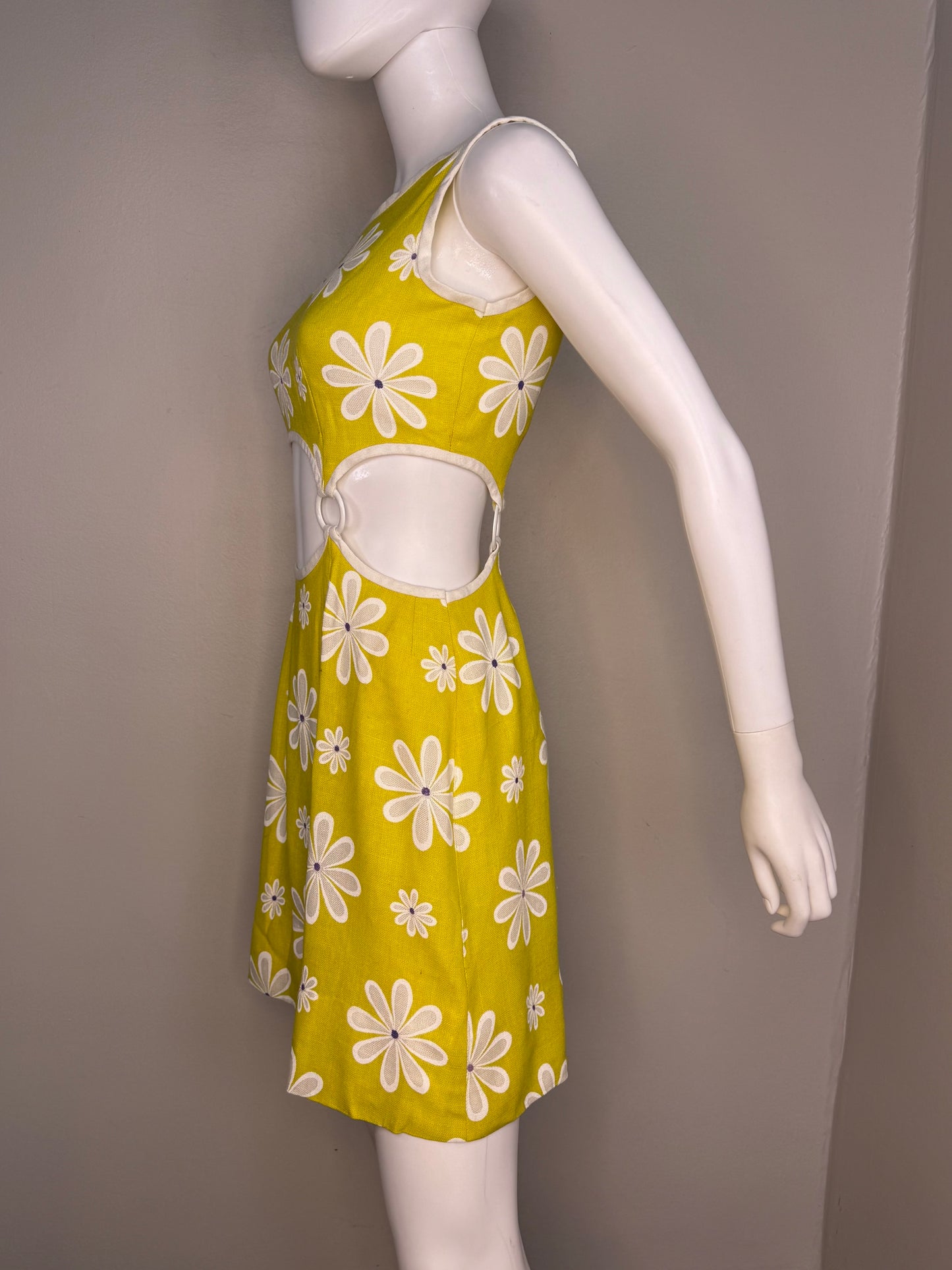 1960s Yellow Floral Mini Dress with Cut Outs and Rings, Handmade Size Small