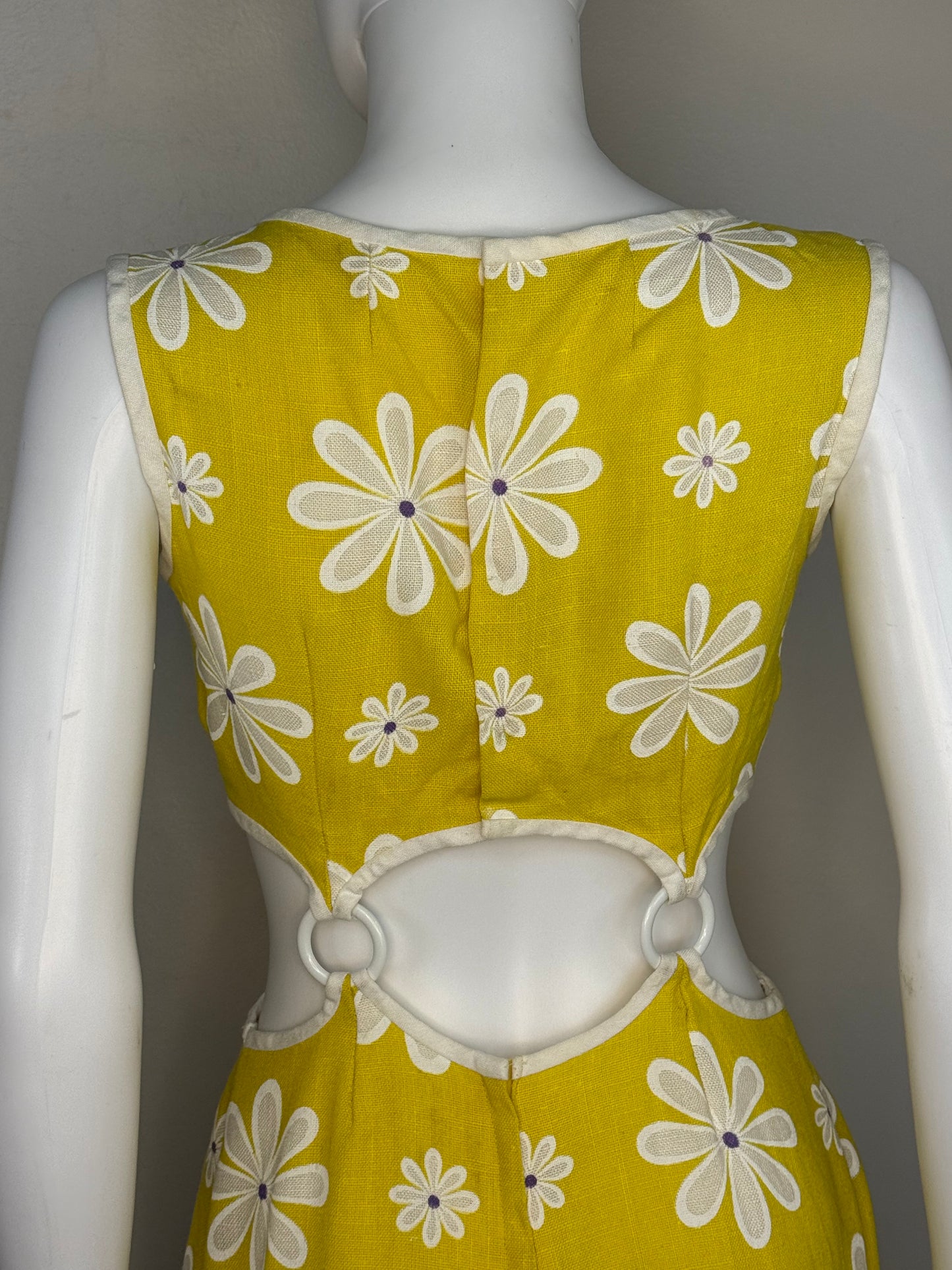1960s Yellow Floral Mini Dress with Cut Outs and Rings, Handmade Size Small