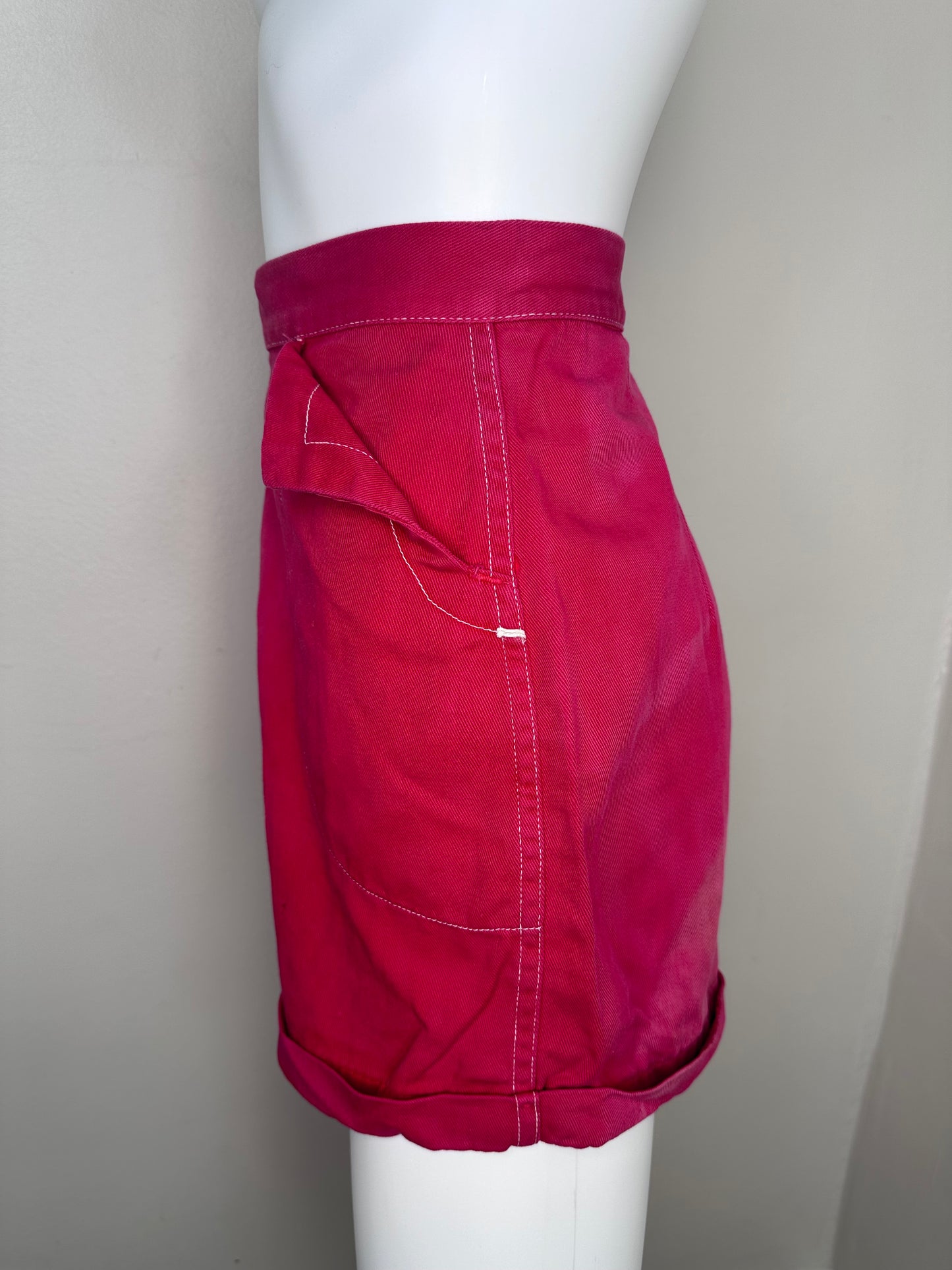 1950s Red Denim Shorts. High Waisted, Cuffed, Back Zip, Faded, Distressed