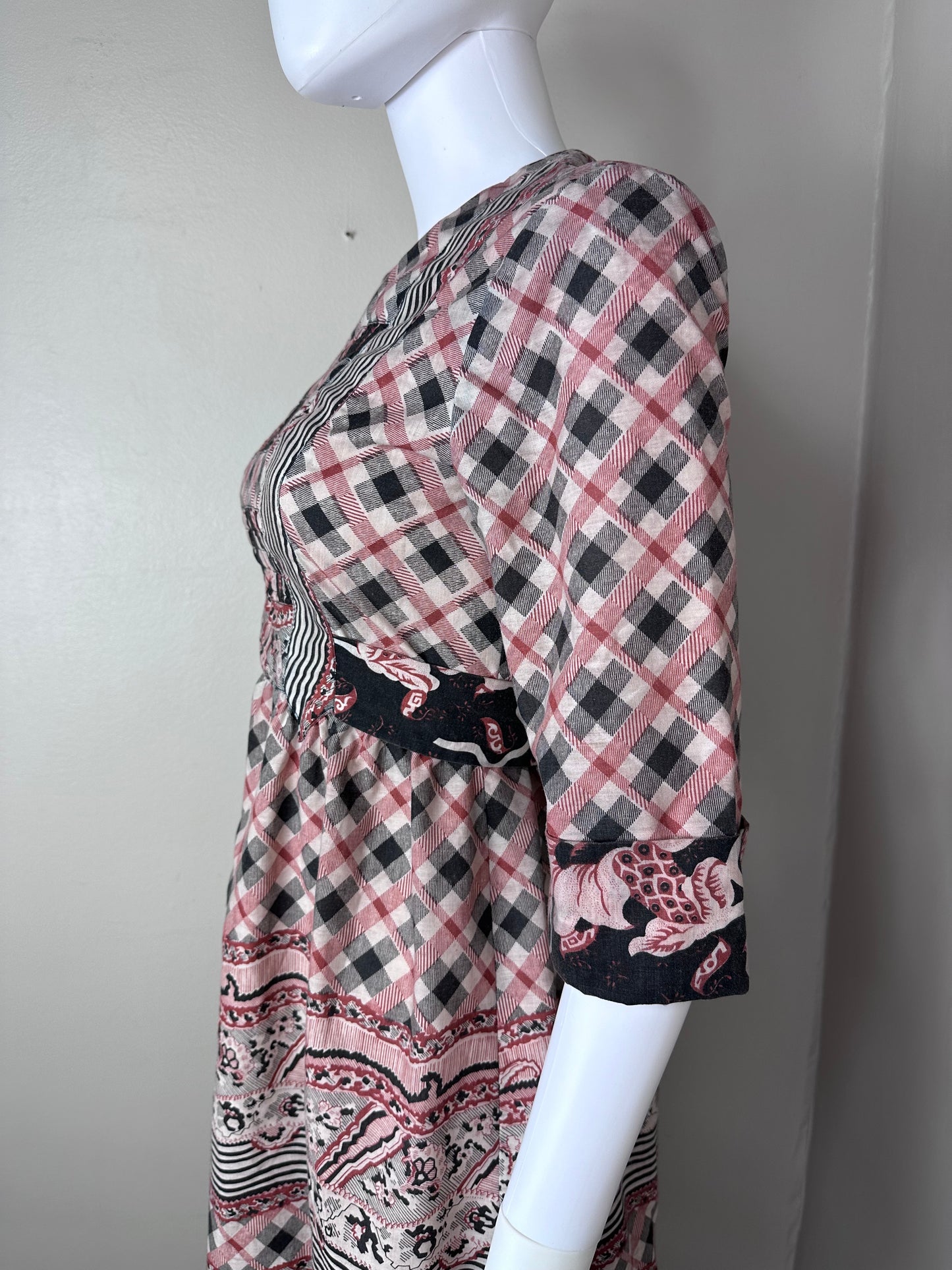 1970s Brown Floral and Plaid Mixed Print Dress, Leslie J Size Medium