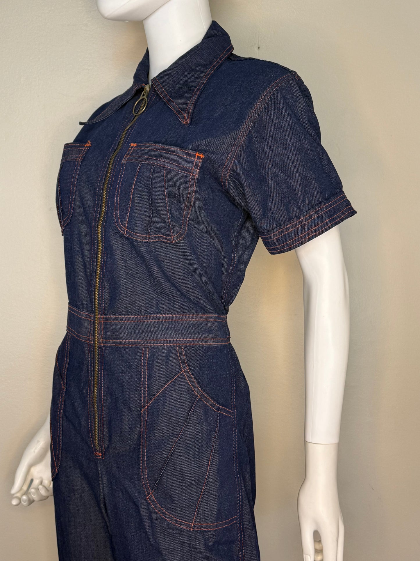 1970s Denim Zip Up Jumpsuit, Sears Size 36R, Small/Medium
