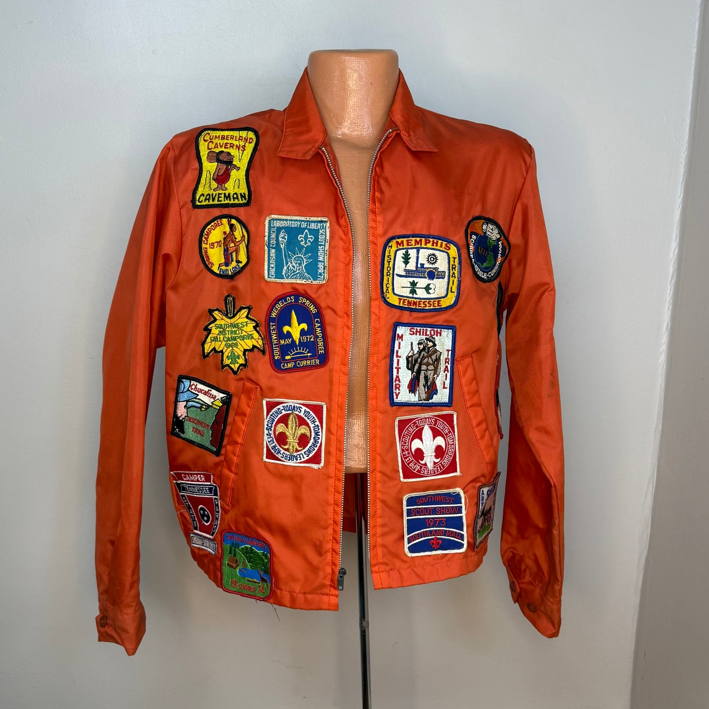 1960s Orange Nylon Jacket with 60s/70s Boy Scouts Camp Patches, Size Medium, Order of the Arrow, BSA