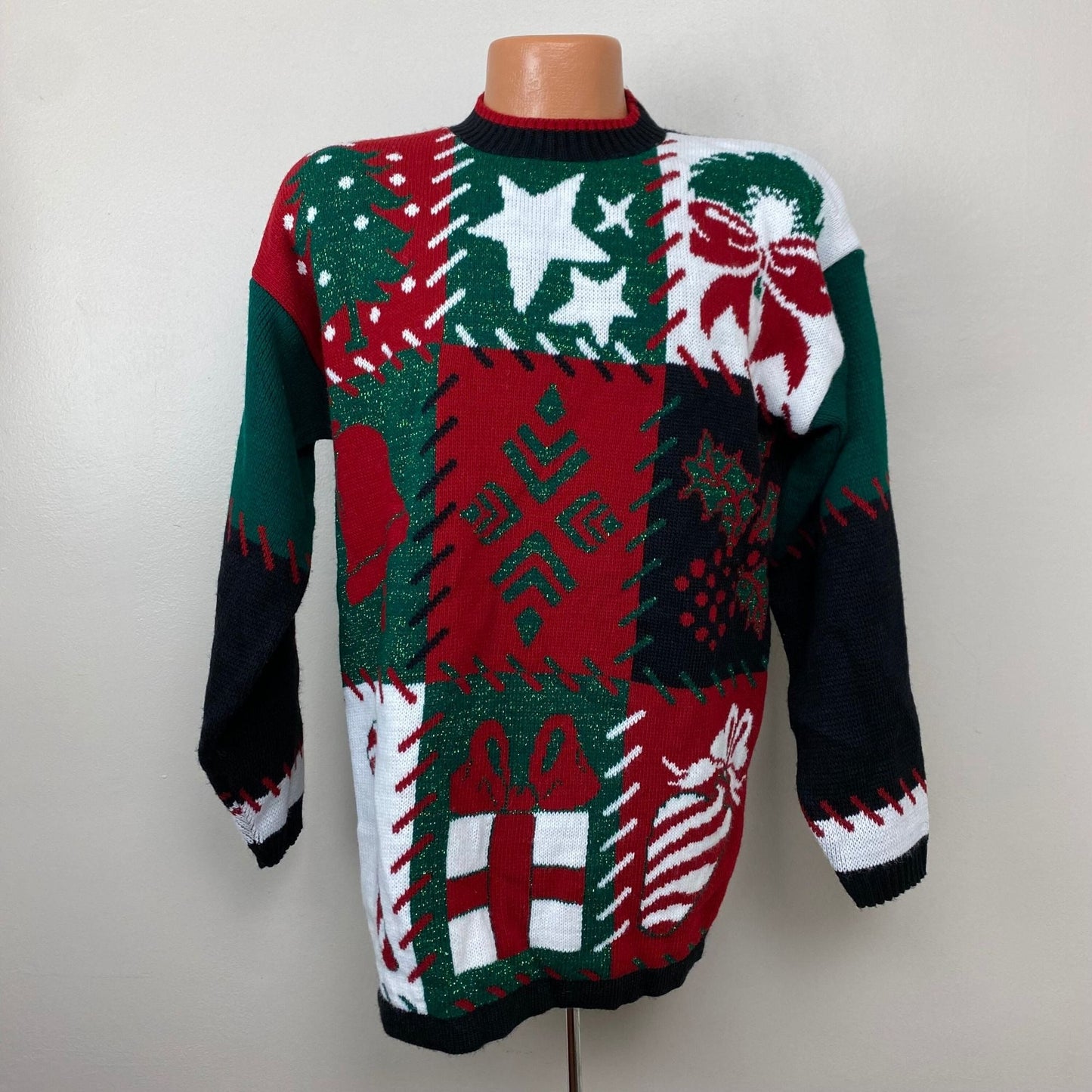 1980s/90s Christmas Sweater, Size M/L, Intarsia Knit Sparkle Ugly Sweater