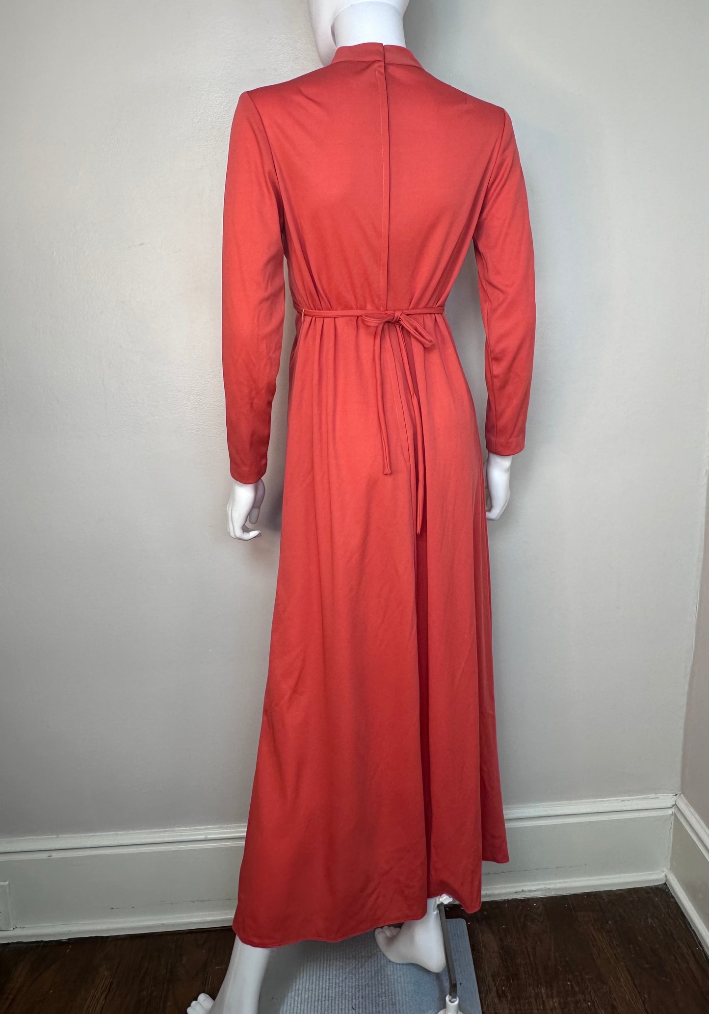 1970s Orange Maxi Dress, Size Small-Medium, Long Sleeve, Empire Waist