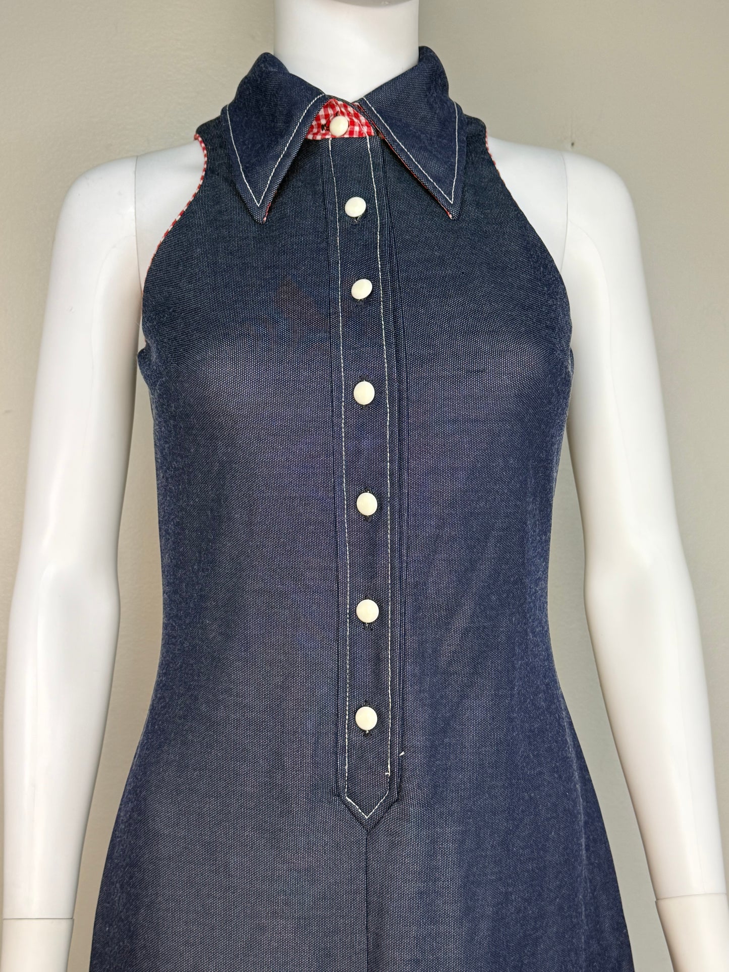 1970s Blue Double Knit Maxi Shirt Dress with Gingham Trim, Melissa Lane Size Small/Medium