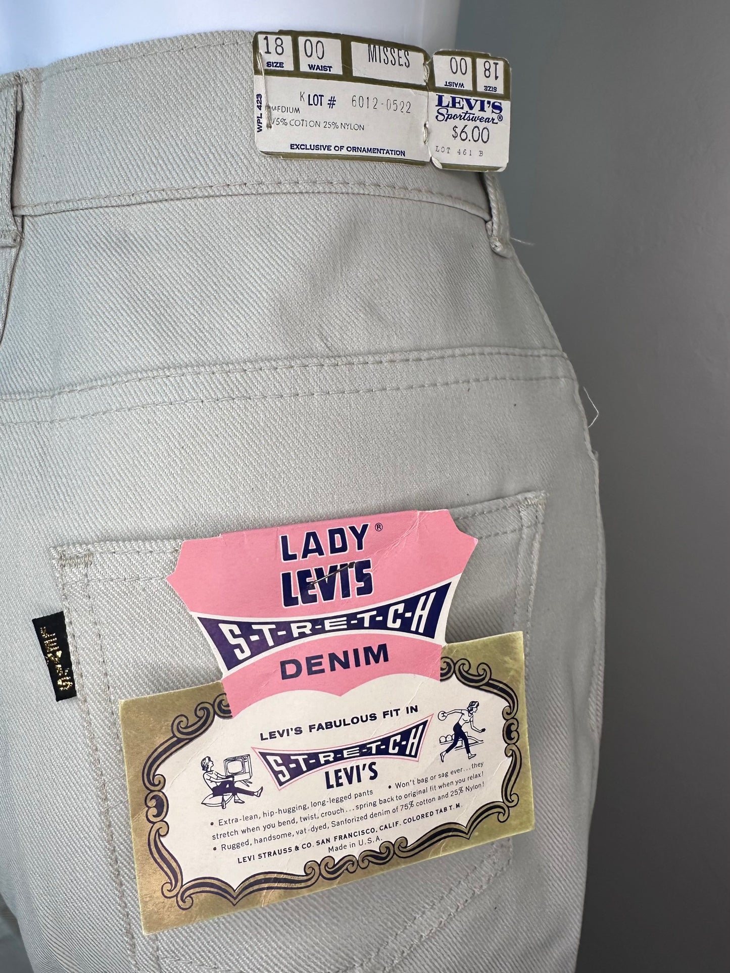 1960s Lady Levi’s Jeans, Big E Levis, 28x28.5, Beige Stretch Denim, Women’s Westernwear