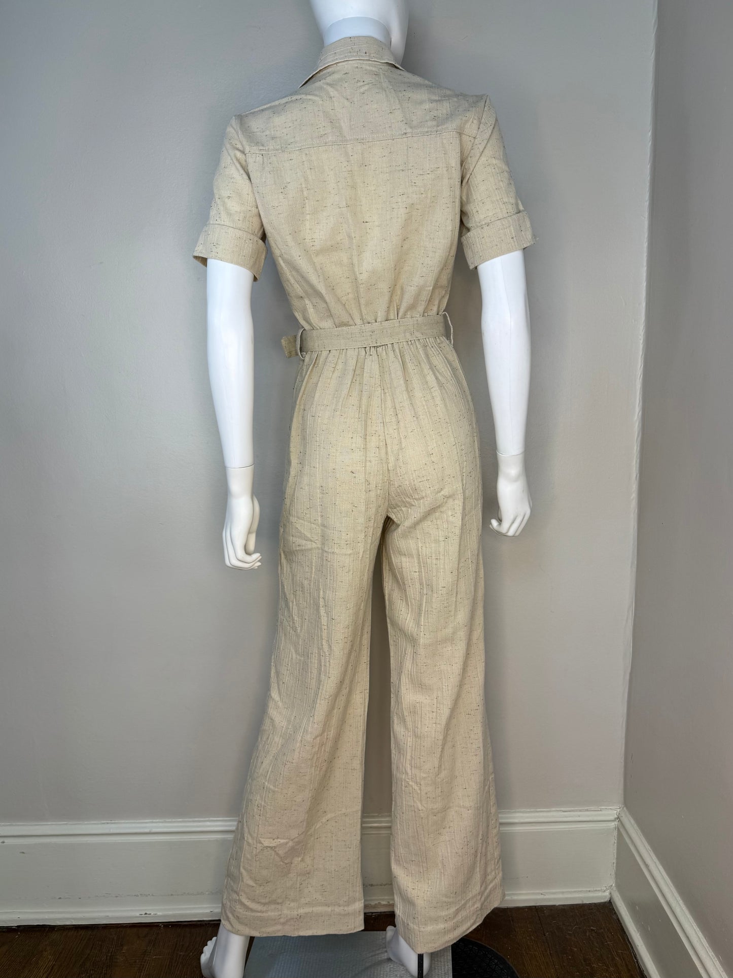 1970s Tan Safari Flare Leg Jumpsuit, Sears Jr Bazaar Size Small