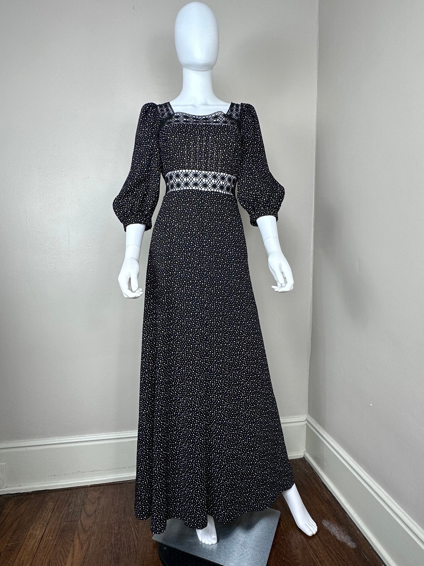 1970s Black and White Polka Dot Maxi Dress, Puszta Size XXS, Lace Cut Outs