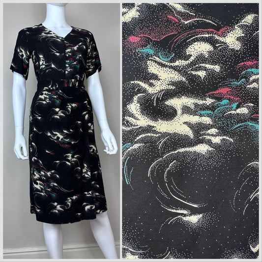1970s Black Abstract Mystical Print Blouse and Wrap Skirt Set Size XS/S, Tu’s by Trousers Up Dress Set