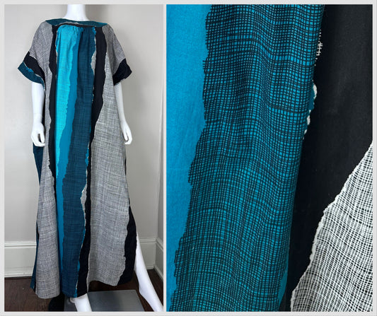 1970s David Brown Caftan Dress, Teal and Black Abstract Print, One Size Fits All